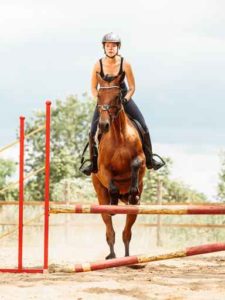 Woman jockey training riding horse. Sport activity